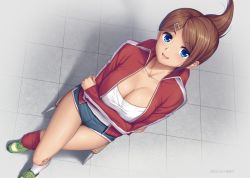 Rule 34 | 1girl, asahina aoi, blue eyes, breasts, brown hair, cleavage, collarbone, commentary request, danganronpa: trigger happy havoc, danganronpa (series), dark-skinned female, dark skin, dated, from above, hair ornament, hairclip, jacket, large breasts, long hair, miyai sen, open mouth, ponytail, red jacket, shorts, smile, solo