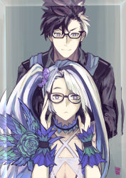 Rule 34 | 1boy, 1girl, absurdres, adjusting eyewear, alternate costume, asymmetrical hair, bespectacled, black-framed eyewear, black choker, black hair, black shirt, blue eyes, blue flower, blue hair, blue rose, breasts, bright pupils, brynhildr (fate), brynhildr (swimsuit berserker) (fate), brynhildr (swimsuit berserker) (first ascension) (fate), choker, cleavage, cleavage cutout, closed mouth, clothing cutout, commentary request, cross-laced clothes, dress flower, fate/grand order, fate (series), flower, glasses, hands on another&#039;s shoulders, hands up, highres, long hair, looking at another, looking at viewer, multicolored hair, ootato, parted bangs, purple eyes, purple scrunchie, rose, scrunchie, semi-rimless eyewear, shirt, side ponytail, sigurd (fate), sigurd (memories with my lover) (fate), streaked hair, summer, two-tone hair, upper body, v-shaped eyebrows, white hair, white pupils, wrist cuffs