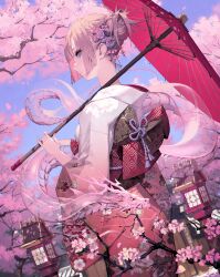 Rule 34 | 1girl, absurdres, branch, brown hair, cherry blossoms, closed mouth, commentary, dragon, english commentary, eyelashes, eyeshadow, fingernails, floral print, flower, gradient clothes, grey eyes, hair bun, hair flower, hair ornament, highres, holding, holding umbrella, japanese clothes, kimono, light brown hair, long eyelashes, long fingernails, long hair, looking at viewer, makeup, mandrill, multicolored hair, oil-paper umbrella, original, outdoors, over shoulder, patterned, patterned clothing, petals, pink hair, pink theme, purple eyeshadow, red umbrella, single hair bun, solo, spirit, tree, umbrella, white kimono, wide sleeves, yellow eyes