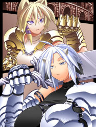 Rule 34 | 2girls, animal ears, armor, bad id, bad pixiv id, blonde hair, breasts, clenched hand, clenched hands, colosseum, cow ears, fighting stance, fox, fox ears, gauntlets, grey eyes, horns, huge breasts, multiple girls, original, purple eyes, short hair, silver hair, sleeveless, sleeveless turtleneck, sword, turtleneck, uccow, weapon