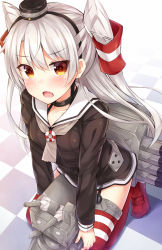 Rule 34 | 10s, 1girl, amatsukaze (kancolle), brown dress, brown eyes, checkered floor, choker, dress, fang, garter straps, hair tubes, hairband, highres, kantai collection, lifebuoy, long hair, long sleeves, looking at viewer, machinery, o o, open mouth, red thighhighs, rensouhou-kun, sailor collar, sailor dress, school uniform, serafuku, short dress, silver hair, simple background, solid circle eyes, squatting, striped clothes, striped thighhighs, suna (transports), swim ring, thighhighs, tile floor, tiles, torpedo, turret, two side up, zettai ryouiki