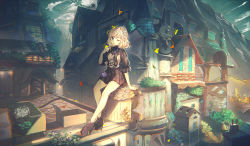Rule 34 | 1girl, ;), arm support, black footwear, black skirt, breasts, building, chromatic aberration, closed mouth, commentary request, day, door, falling leaves, flask, flower, ginkgo leaf, hair flower, hair ornament, hand up, high heels, highres, leaf, long sleeves, medium breasts, mountain, one eye closed, ori (momonimo), original, outdoors, pleated skirt, puffy long sleeves, puffy sleeves, round-bottom flask, shirt, shoes, skirt, smile, solo, white flower, white shirt, window