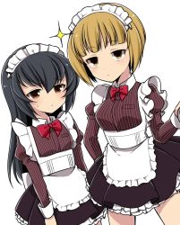 Rule 34 | 10s, :|, alternate costume, apron, black hair, black skirt, blonde hair, blunt bangs, bow, bowtie, brown eyes, closed mouth, collared shirt, commentary, cowboy shot, cutlass (girls und panzer), dutch angle, enmaided, expressionless, frilled apron, frills, frown, girls und panzer, hairband, half-closed eyes, highres, juliet sleeves, long hair, long sleeves, looking at viewer, maid, maid apron, maid headdress, miniskirt, petticoat, pleated skirt, puffy sleeves, red neckwear, reizei mako, ruruepa, shirt, short hair, simple background, skirt, sparkle, standing, striped clothes, striped shirt, sweatdrop, vertical-striped clothes, vertical-striped shirt, white apron, white background, white hairband, yellow eyes