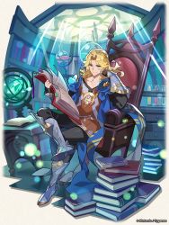 Rule 34 | armored boots, bishounen, black gloves, blonde hair, book, book stack, boots, dragalia lost, fingerless gloves, flask, gauntlets, gloves, green eyes, holding, holding book, indoors, long hair, long sleeves, looking down, male focus, official art, open book, phares (dragalia lost), round-bottom flask, sitting, smile, test tube rack, wavy hair
