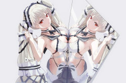 Rule 34 | 1girl, absurdres, age fx, ass, azur lane, bare shoulders, black sailor collar, blush, breasts, butt crack, choker, cleavage, detached collar, dress, formidable (azur lane), formidable (timeless classics) (azur lane), from side, grey background, grey hair, hands up, highres, large breasts, long hair, mirror, official alternate costume, open mouth, parted lips, red eyes, reflection, sailor collar, simple background, solo, standing, symmetry, twintails, two-tone ribbon, very long hair, white dress