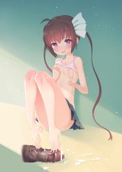 Rule 34 | 10s, 1girl, barefoot, blush, breasts, breasts out, brown hair, censored, clothes lift, cum, cum on body, cum on feet, cum on lower body, disembodied penis, fang, feet, footjob, highres, long hair, looking at viewer, momochi tamate, nishikasai munieru, open mouth, penis, purple eyes, shirt lift, slow start, soles, spread toes, sweat, toes, twintails, v