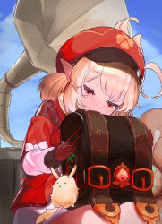 Rule 34 | 1girl, absurdres, ahoge, backpack, bag, bag charm, brown gloves, cabbie hat, charm (object), child, clover, clover print, coat, feathers, genshin impact, gloves, hat, highres, holding, holding bag, kiaomiyouji, klee (genshin impact), looking down, low twintails, orange eyes, phonograph, pointy ears, randoseru, red coat, red hat, sitting, sky, solo, twintails, white feathers