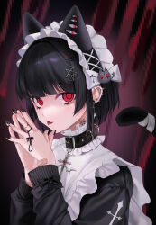 Rule 34 | 1girl, :p, animal ears, black hair, black nails, bow, cat ears, cat tail, ear piercing, earrings, hair ornament, highres, jewelry, long sleeves, looking at viewer, nail polish, ompf, original, own hands together, piercing, smile, solo, tail, tongue, tongue out