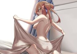 Rule 34 | 1girl, blanket, brown hair, completely nude, covering ass, covering privates, curtains, from behind, girls&#039; frontline, green eyes, hair rings, highres, holding, holding blanket, kuzumotsu, looking at viewer, looking back, nipples, nude, on bed, sitting, springfield (girls&#039; frontline), sweat, toes, wariza