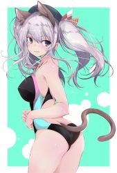 Rule 34 | 1girl, animal ears, aqua background, ass, beret, black hat, black one-piece swimsuit, blue eyes, border, cat ears, cat tail, competition swimsuit, cowboy shot, from behind, hat, kantai collection, kashima (kancolle), looking at viewer, looking back, one-piece swimsuit, sidelocks, silver hair, solo, standing, swimsuit, tail, tsurime, twintails, two-tone background, wavy hair, white border, yumesato makura