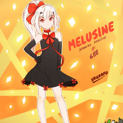 Rule 34 | 1girl, black dress, dress, elbow gloves, english text, melusine (fate), fate/grand order, fate (series), gloves, red eyes, srgrafo, white hair
