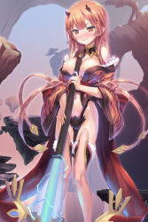 Rule 34 | 1girl, blush, breasts, brown eyes, brown hair, cleavage, club (weapon), day, detached sleeves, fantasy, floating rock, grin, highleg, highres, holding, holding weapon, horns, large breasts, oni, oni horns, original, outdoors, parted lips, revealing clothes, smile, solo, standing, thighhighs, tougetsu gou, weapon, wide sleeves