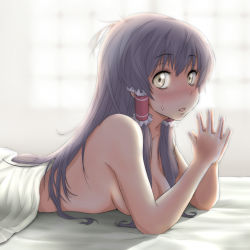 Rule 34 | 1girl, ao usagi, backlighting, bed sheet, blanket, blush, breasts, brown hair, cleavage, covering privates, face, female focus, hair tubes, hakurei reimu, long hair, looking at viewer, lying, naked sheet, nude, nude cover, on stomach, own hands together, solo, steepled fingers, sweatdrop, touhou, yellow eyes