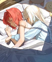 Rule 34 | 2girls, ange katrina, bare arms, bare shoulders, bed, blanket, blonde hair, blush, closed eyes, commentary request, from above, from side, hair ornament, highres, hug, hug from behind, indoors, lize helesta, long hair, long sleeves, lying, multiple girls, nijisanji, on bed, on side, pillow, red hair, sen (sennosenn1127), shadow, shirt, short hair, sleeping, spooning, stuffed toy, sunlight, tank top, under covers, virtual youtuber, yuri