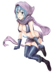 Rule 34 | 1girl, blue hair, blue thighhighs, blush, boots, breasts, cape, cleavage, crop top, erementa, female focus, full body, genderswap, genderswap (mtf), gloves, green eyes, hood, league of legends, malzahar, medium breasts, midriff, navel, open clothes, short hair, simple background, solo, thighhighs, tongue, white background