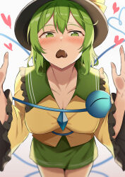 Rule 34 | 1girl, absurdres, black hat, blush, breasts, candy, chocolate, chocolate heart, cleavage, eyeball, food, green eyes, green hair, green skirt, hat, heart, heart of string, highres, komeiji koishi, looking at viewer, medium breasts, mouth hold, nagomian, short hair, skirt, solo, third eye, touhou, valentine, yellow skirt