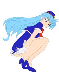 Rule 34 | 1990s (style), 1girl, absurdres, ass, blue footwear, blue hair, bow, breasts, dress, earrings, female focus, flight attendant, gloves, hat, highres, hip focus, jewelry, legs, long hair, looking to the side, medium breasts, miniskirt, no panties, purple eyes, red bow, retro artstyle, shoes, short dress, short sleeves, sitting, skirt, smile, solo, tenjouin katsura, thighs, third-party edit, transparent background, travel attendant, vector trace, white gloves, yat anshin uchuu ryokou