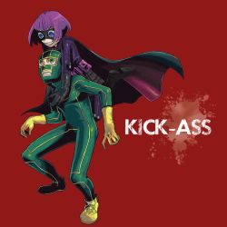 Rule 34 | 1boy, 1girl, animification, bad id, bad pixiv id, belt, belt pouch, blue eyes, bob cut, boots, cape, carrying, costume, evil grin, evil smile, gloves, green eyes, grin, hit-girl, kick-ass, kick-ass (character), mask, miniskirt, picoheads, piggyback, plaid, plaid skirt, pouch, purple hair, red background, shoes, short hair, simple background, skirt, smile, sneakers, superhero costume, wig