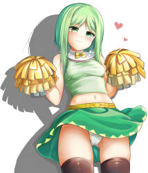 Rule 34 | 1girl, :3, adworse, black thighhighs, blush, bow, breasts, cameltoe, cheerleader, closed mouth, commentary request, cowboy shot, green eyes, green hair, green shirt, green skirt, heart, holding, holding pom poms, looking at viewer, medium breasts, navel, panties, pantyshot, pom pom (cheerleading), pom poms, shirt, sidelocks, skirt, sleeveless, sleeveless shirt, small breasts, solo, teireida mai, thighhighs, touhou, underwear, white panties, yellow bow