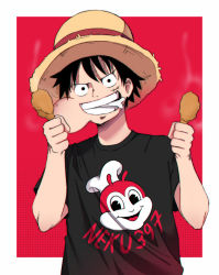 Rule 34 | 1boy, bird, chicken, chicken (food), chicken leg, eating, food, happy, hat, jollibee, jollibee (mascot), looking at viewer, monkey d. luffy, neku397, one piece, open mouth, smile, steam from mouth, straw hat