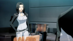 Rule 34 | 1girl, animification, black hair, blue eyes, breasts, choker, commentary, hand on own hip, holographic monitor, jeanne virak, long hair, mass effect (series), mass effect 2, miranda lawson, watermark, web address