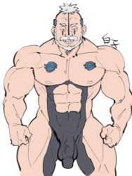 Rule 34 | 1boy, abs, bara, beard, black bodysuit, bodysuit, boro (naruto), boruto: naruto next generations, bulge, facial hair, feet out of frame, flaccid, gluteal fold, highres, large pectorals, looking at viewer, male focus, mature male, musctache, muscular, muscular male, naruto (series), navel, no nipples, old, old man, pectorals, penis, revealing clothes, shirako (kirupi), short hair, smile, solo, stomach, thick thighs, thighs, uncensored, unfinished
