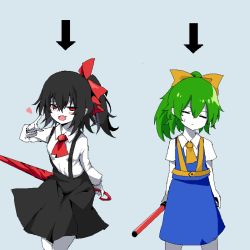 Rule 34 | 2girls, arrow (symbol), ascot, black hair, black skirt, blue skirt, blue vest, bow, breasts, character select, closed eyes, closed mouth, collared shirt, colored skin, commentary request, cookie (touhou), cowboy shot, daiyousei, diyusi (cookie), fang, green hair, hair bow, heart, high-visibility vest, highres, holding, holding umbrella, looking at viewer, medium hair, multiple girls, open mouth, pixel art, ponytail, red ascot, red bow, red eyes, red umbrella, shirt, short sleeves, side ponytail, simple background, siyudi (cookie), skin fang, skirt, small breasts, sparseseethe, suspender skirt, suspenders, touhou, traffic baton, umbrella, vest, white shirt, white skin, yellow ascot, yellow bow