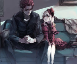 Rule 34 | 10s, 1boy, 1girl, bad id, bad pixiv id, blush, couch, dress, gothic lolita, hands on own knees, hat, hina (xoxo), k-project, kushina anna, lolita fashion, long hair, manly, open mouth, own hands clasped, own hands together, pantyhose, red eyes, red hair, short hair, silver hair, sitting, suoh mikoto, white pantyhose