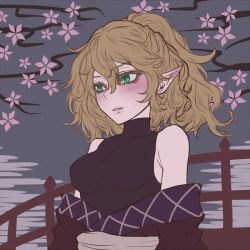 Rule 34 | 1girl, bare shoulders, blonde hair, blush, cherry blossoms, flat color, green eyes, looking away, miata (miata8674), mizuhashi parsee, off shoulder, parted lips, pointy ears, ponytail, shirt, short hair, sleeveless, solo, texture, touhou, turtleneck, upper body