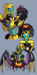 Rule 34 | 1girl, armor, autobot, blue eyes, bug, colored skin, elita one, green skin, highres, horse tail, humanoid robot, panties, robot, spider, tail, transformers, transformers animated, underwear, volverseloco, yellow panties