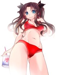 Rule 34 | 1girl, bad id, bad pixiv id, bikini, black hair, black ribbon, blue eyes, breasts, fate/stay night, fate (series), hair ribbon, komo da, long hair, looking at viewer, medium breasts, navel, official alternate costume, red bikini, ribbon, simple background, smile, solo, swimsuit, tohsaka rin, twintails, two side up, white background
