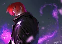 Rule 34 | 1boy, azuma kyoutarou (artist), black background, black jacket, commentary, fire, highres, jacket, looking at viewer, male focus, parted lips, purple fire, pyrokinesis, red eyes, red hair, short hair, signature, solo, the king of fighters, the king of fighters xv, upper body, yagami iori