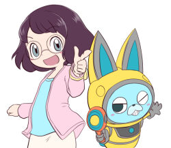 Rule 34 | 1girl, animal ears, blush, blush stickers, fake animal ears, glasses, gloves, gun, helmet, holding, holding gun, holding weapon, looking at viewer, misora inaho, nollety, one eye closed, open mouth, rabbit ears, short hair, simple background, spacesuit, usapyon, watch, weapon, white background, wristwatch, youkai (youkai watch), youkai watch, youkai watch (object)
