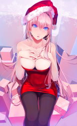 Rule 34 | 10s, 1girl, 2013, absurdres, artist name, bare shoulders, black pantyhose, blue eyes, blush, box, breasts, cleavage, collarbone, covered erect nipples, covered navel, crotch seam, dated, dress, female focus, hair between eyes, hairband, hand on own chest, hands on own chest, hat, head tilt, highres, indoors, large breasts, legs, long hair, looking at viewer, megurine luka, neck, no bra, okingjo, open mouth, panties, panties under pantyhose, pantyhose, pantyshot, pink hair, red dress, red skirt, santa costume, santa hat, short dress, sitting, skirt, snowflakes, solo, strapless, strapless dress, text focus, thigh gap, thighband pantyhose, thighs, underwear, upskirt, very long hair, vocaloid, white panties