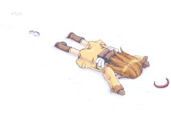 Rule 34 | 1girl, accident, backpack, bag, boots, brown hair, commentary, faceplant, footprints, hairband, ham (points), kanon, mittens, oekaki, randoseru, snow, solo, tripping, tsukimiya ayu, winged bag