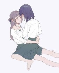 Rule 34 | 2girls, arms around waist, barefoot, black necktie, black skirt, blush, brown eyes, brown hair, collared shirt, commentary, grey background, half up braid, hand on another&#039;s shoulder, hashtag-only commentary, highres, komerice lo, long hair, long sleeves, medium hair, miyagi shiori, multiple girls, necktie, parted lips, pleated skirt, purple hair, sendai hazuki, shirt, shuuniichido classmate wo kau hanashi, simple background, sitting, sitting on lap, sitting on person, skirt, toes, white shirt, yuri