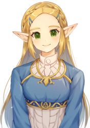 Rule 34 | 1girl, absurdres, blonde hair, blush, braid, breasts, closed mouth, commentary request, crown braid, forehead, green eyes, hair ornament, hairclip, highres, long hair, long sleeves, looking at viewer, nintendo, parted bangs, pointy ears, princess zelda, shirt, simple background, small breasts, smile, solo, tete tuyuten, the legend of zelda, the legend of zelda: breath of the wild, triforce print, upper body, white background