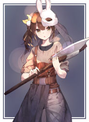 Rule 34 | 1girl, :o, axe, bell, belt, black shirt, blonde hair, bow, brown eyes, brown hair, cowboy shot, crack, dead by daylight, grey shirt, hair bow, highres, holding, holding axe, jingle bell, korean streamer, long hair, looking at viewer, mask, mask on head, multicolored hair, original, pants, parted lips, rabbit mask, se.a, shirt, side ponytail, simple background, sleeves rolled up, solo, streaked hair, streamers, suspenders, tam tambourine, undershirt, veil, waist cape, white pants, yellow bow
