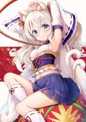Rule 34 | 1girl, animal ear fluff, animal ears, armpits, arms up, bare shoulders, bell, black collar, blue eyes, blue skirt, blush, breasts, cat ears, cat girl, cat tail, closed mouth, collar, commentary request, detached sleeves, frilled sleeves, frills, hair between eyes, highres, jingle bell, kneehighs, leash, long hair, long sleeves, looking at viewer, medium breasts, midriff, multiple tails, navel, obi, original, pleated skirt, red ribbon, ribbon, ribbon-trimmed legwear, ribbon-trimmed skirt, ribbon-trimmed sleeves, ribbon trim, sakura ani, sash, sideboob, silver hair, skirt, sleeveless, smile, socks, solo, tail, two tails, very long hair, white sleeves, white socks, wide sleeves