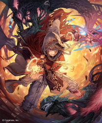 Rule 34 | 10s, 1boy, attack, blonde hair, cape, commentary request, demon, ezusuke, grin, highres, holding, holding sword, holding weapon, hood, hood up, long hair, long sleeves, looking at viewer, magic, male focus, parted lips, purple eyes, red cape, robe, sharp teeth, shingeki no bahamut, smile, solo focus, sword, teeth, watermark, weapon