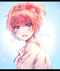 Rule 34 | 1girl, aicedrop, backlighting, blue background, blue eyes, blush, bow, doki doki literature club, from side, hair bow, letterboxed, looking at viewer, open mouth, pink hair, red bow, ribbon, sayori (doki doki literature club), school uniform, shirt, short hair, simple background, solo, sweat