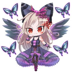 Rule 34 | 1girl, arm tattoo, black bow, black dress, blonde hair, blue butterfly, boots, bow, breasts, brown pantyhose, bug, butterfly, character request, chibi, cleavage, closed mouth, commentary request, dress, facial tattoo, frilled dress, frills, full body, hair bow, hop step jumpers, insect, lets0020, lolita fashion, long hair, looking at viewer, medium breasts, pantyhose, pink dress, purple bow, purple footwear, red eyes, shoulder tattoo, simple background, sleeveless, sleeveless dress, smile, solo, tattoo, transparent background, two-tone dress, v-shaped eyebrows, wrist cuffs
