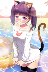 Rule 34 | 1girl, animal ears, black thighhighs, blush, cat ears, cat tail, collarbone, frown, gilse, glasses, holding, innertube, lens flare, long hair, lowres, purple eyes, purple hair, shirt, shirt tug, solo, swim ring, sword girls, tail, thighhighs, twintails, wading, water, wavy mouth, wet, wet clothes, wet shirt