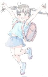 1girl :d \o/ antenna_hair aqua_shirt arms_up backpack bag blue_skirt blunt_bangs blush brown_eyes brown_hair child clenched_hands commentary_request floating_hair full_body happy highres knees_together_feet_apart long_hair looking_at_viewer mary_janes midriff_peek navel open_mouth original outstretched_arms poranka_(porankaran) randoseru shirt shoes simple_background skirt smile solo standing standing_on_one_leg t-shirt teeth tiptoes twintails upper_teeth_only white_background