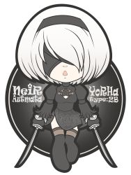 Rule 34 | back cutout, black dress, black hairband, black thighhighs, blindfold, boots, chibi, cleavage cutout, clothing cutout, covered eyes, dress, feather-trimmed sleeves, hairband, high heel boots, high heels, holding, holding sword, holding weapon, juliet sleeves, leotard, long sleeves, nier (series), nier:automata, no.6490, puffy sleeves, silver hair, solo, sword, thigh boots, thighhighs, thighhighs under boots, weapon, white leotard, 2b (nier:automata)