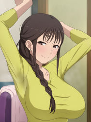 Rule 34 | 1girl, :&gt;, armpits, arms up, black eyes, blouse, blush, braid, breasts, brown hair, chair, closed mouth, earrings, female focus, hair over shoulder, happy, highres, indoors, jewelry, large breasts, light blush, long braid, long hair, long sleeves, looking at viewer, nose blush, segawa misato, shirobako, shirt, single braid, sitting, smile, solo, stretching, stud earrings, sweat, tedain, upper body, yellow shirt