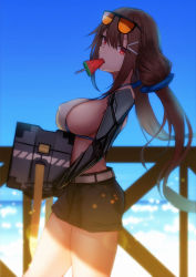 Rule 34 | 1girl, backlighting, bikini, black-framed eyewear, black shorts, blurry, blurry background, box, breast rest, breasts, brown hair, carrying, covered erect nipples, day, depth of field, eyewear on head, food, food in mouth, from side, girls&#039; frontline, hair ornament, hairclip, highres, js 9 (girls&#039; frontline), js 9 (orca&#039;s journey) (girls&#039; frontline), large breasts, lodbyy, long hair, looking at viewer, looking to the side, low twintails, mouth hold, official alternate costume, orange-tinted eyewear, outdoors, popsicle, prosthesis, prosthetic arm, red eyes, short shorts, shorts, sideboob, solo, strap gap, sunglasses, sunlight, swimsuit, tinted eyewear, twintails, very long hair, walking, watermelon bar