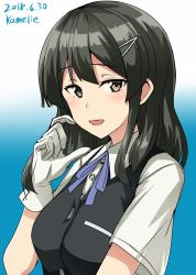 Rule 34 | 1girl, artist name, black hair, black vest, blue background, blue ribbon, commentary request, dated, gloves, gradient background, grey eyes, hair ornament, hairclip, highres, kamelie, kantai collection, looking at viewer, neck ribbon, one-hour drawing challenge, open mouth, oyashio (kancolle), ribbon, shirt, short sleeves, solo, upper body, vest, white gloves, white shirt