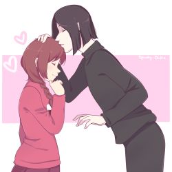 Rule 34 | black hair, braid, brown hair, closed eyes, kissing forehead, from side, hand on another&#039;s head, height difference, highres, kiss, kissing forehead, leaning forward, madotsuki, md5 mismatch, resolution mismatch, self-upload, skirt, smile, source smaller, spooky-dollie, sweater, yume nikki