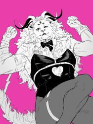 Rule 34 | 1boy, arm belt, belt, bow, bowtie, card, clothing cutout, crossdressing, demon horns, dungeon meshi, extra eyes, furry, furry male, greyscale with colored background, hands up, heart cutout, highres, horns, knee up, leotard, lion, looking at viewer, lying, male focus, monochrome, multiple horns, on back, pantyhose, pink background, rabbit hole (vocaloid), solo, spoilers, strapless, strapless leotard, teardrop facial mark, thigh belt, thigh strap, winged lion (dungeon meshi), wushutaichuitousangqideyizhichong